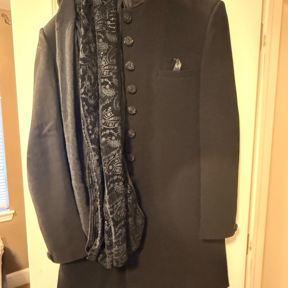 Elegant Black Trench Coat with Patterned Scarf for Indian wedding